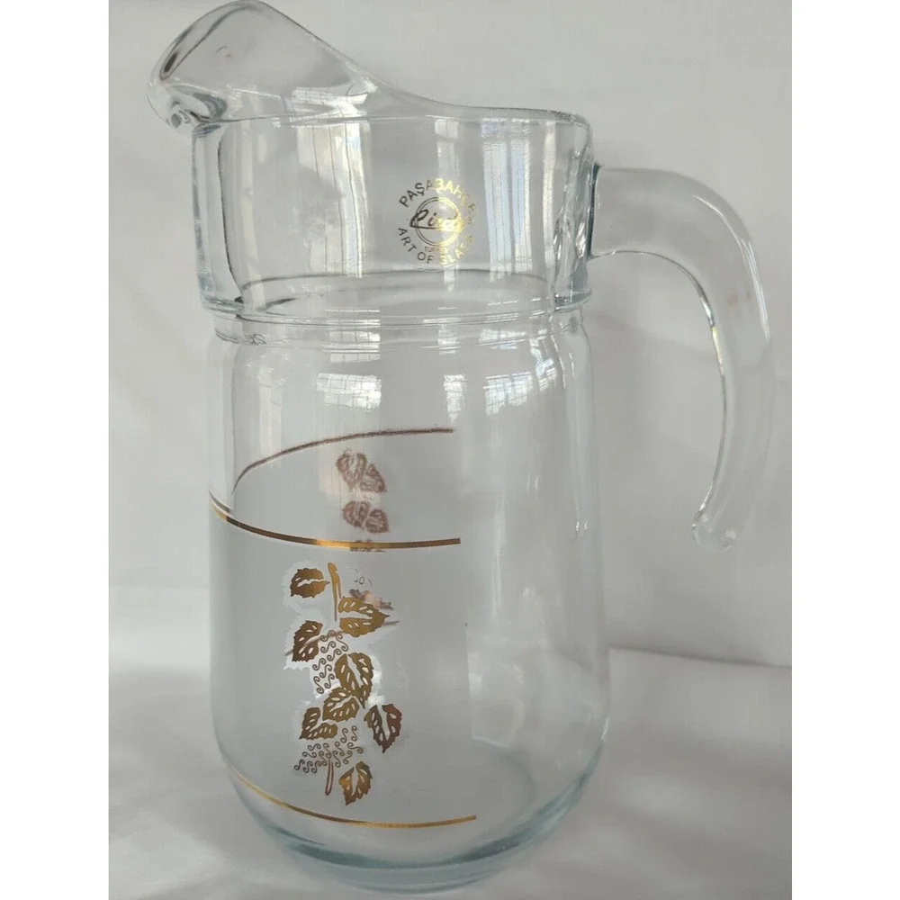 MCM Frosted Glass Gold Leaf Pitcher Pasabahce Turkey Art of Glass‎ Circle